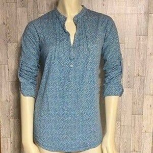 Nautica Blue Henley Blouse with Small White Flowers by Land's End Size M 10-12